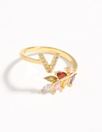 Fashion V Gold Flower Copper Micro-set Zircon English Alphabet Ring