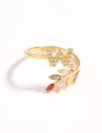 Fashion W Gold Flower Copper Micro-set Zircon English Alphabet Ring