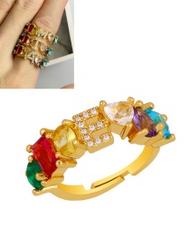 Fashion E Gold Heart-shaped Adjustable Ring With Colorful Diamond Letters