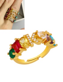 Fashion K Gold Heart-shaped Adjustable Ring With Colorful Diamond Letters