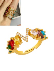 Fashion V Gold Heart-shaped Adjustable Ring With Colorful Diamond Letters