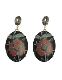 Fashion Black Resin Printed Flowers And Gemstone Earrings