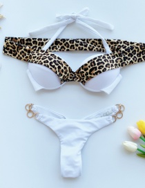 Fashion White Leopard Print Strap Stitching Metal Ring Split Swimsuit