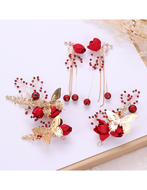 Fashion Red Alloy Butterfly Flower Crystal Hairband Earring Set