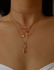 Fashion Golden Locked Jesus Relief Letter Key Multilayer Necklace