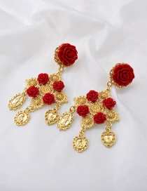 Fashion Red Coin Hollow Cross Flower Love Earrings