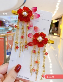 Fashion Red Resin Flower Leaf Pearl Tassel Chain Children Hairpin Set