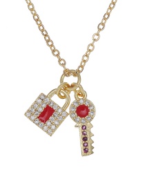 Fashion Red Copper Inlaid Zircon Key Lock Pendant Necklace