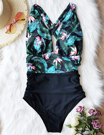 Fashion Leaf Pink Water Lily + Black Legs Printed Pleated Leaky Triangle One-piece Swimsuit