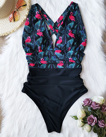 Fashion Black + Green Leaves Flamingo (in Replenishment) Printed Pleated Leaky Triangle One-piece Swimsuit