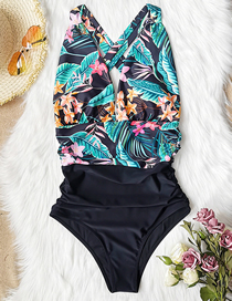 Fashion Black + Green Leaves Small Pink Yellow Flower Printed Pleated Leaky Triangle One-piece Swimsuit