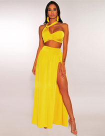 Fashion Yellow Hanging Neck Pleated High Waist Split Swimsuit Beach Skirt Two-piece Suit