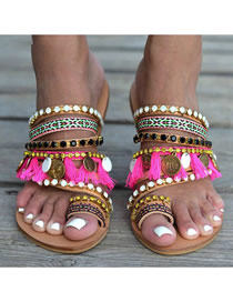 Fashion Red Rhinestone Toe Tassel Pu Flat Sandals