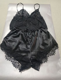 Fashion Black Lace Transparent Stitching Bow Two-piece Home Pajamas