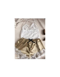 Fashion Golden Lace Transparent Stitching Bow Two-piece Home Pajamas
