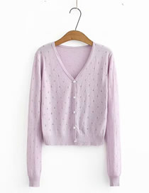 Fashion Lavender V-neck Single Breasted Cutout Sunscreen Knitted Cardigan