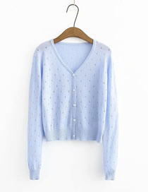 Fashion Light Blue V-neck Single Breasted Cutout Sunscreen Knitted Cardigan