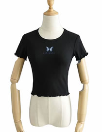Fashion Black Butterfly Print Fungus Pullover Short Sleeve T-shirt