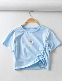 Fashion Blue Small Daisy Drawstring Pleated Short Sleeve T-shirt