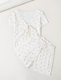 Fashion White Small Floral V-neck Drawstring Knit Printed Top Shorts Set