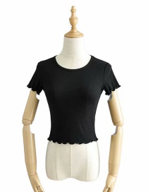 Fashion Black Short-sleeve Slim T-shirt With Small Neckline And Wood Ears