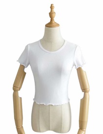 Fashion White Short-sleeve Slim T-shirt With Small Neckline And Wood Ears