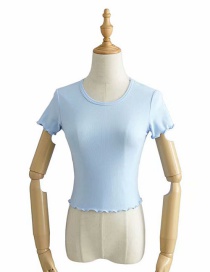 Fashion Blue Short-sleeve Slim T-shirt With Small Neckline And Wood Ears