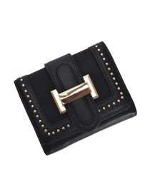 Fashion Black Studded Two-fold Buckle Multi-card Matte Wallet