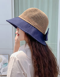 Fashion Navy Blue Openwork Knitted Stitching Bow Fisherman Hat