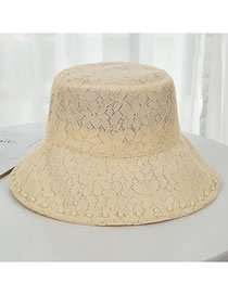 Fashion Beige Pearl Lace Flower Wide-brimmed Fisherman Hat