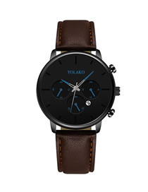 Fashion Brown With Blue Needle Calendar Slim Stainless Steel Men's Leather Watch