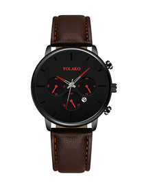 Fashion Brown With Red Needle Calendar Slim Stainless Steel Men's Leather Watch