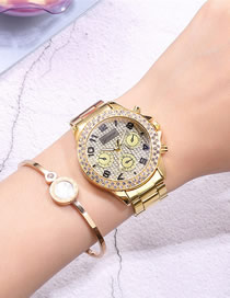 Fashion Golden Three-eye Diamond-set Gypsophila Quartz Steel Ladies Watch