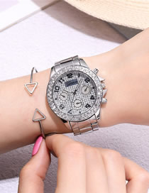 Fashion Silver Three-eye Diamond-set Gypsophila Quartz Steel Ladies Watch