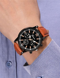 Fashion Brown With Black Face Ultra-thin Three-eye Black Shell Quartz Men's Belt Watch