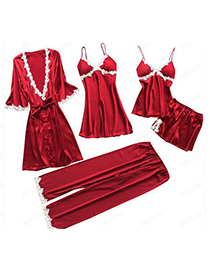 Fashion Red Bathrobe Lace-side Tether Straps Contrasting Multi-piece Pajamas