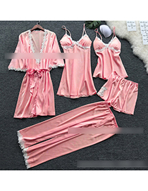 Fashion Pink Bathrobe Lace-side Tether Straps Contrasting Multi-piece Pajamas