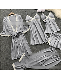 Fashion Gray Bathrobe Lace-side Tether Straps Contrasting Multi-piece Pajamas