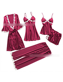 Fashion Red Wine Bathrobe Lace-side Tether Straps Contrasting Multi-piece Pajamas