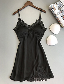 Fashion Black Lace Flower Stitching Suspender Nightdress