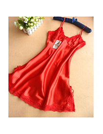Fashion Red Lace Lace Bow Deep V-neck Transparent Pajamas
