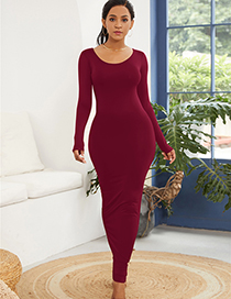 Fashion Red Wine Slim Round Neck Long-sleeved Dress