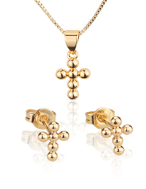 Fashion Golden Round Bead Gold Plated Cross Ear Stud Necklace Set