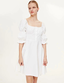 Fashion White Cotton Solid Color Square Collar Puff Sleeve Dress