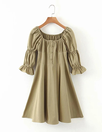 Fashion Army Green Cotton Solid Color Square Collar Puff Sleeve Dress