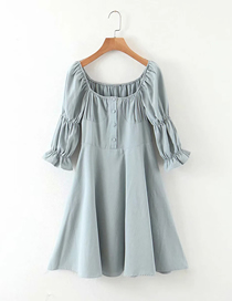 Fashion Blue Cotton Solid Color Square Collar Puff Sleeve Dress