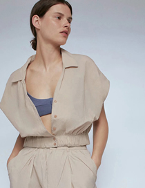 Fashion Khaki Single-breasted Elastic Sleeveless Top With Deep V-neck