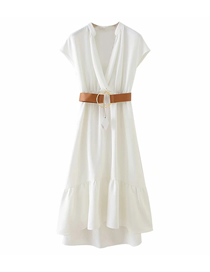 Fashion White Sleeveless Dress With Belt V-neck