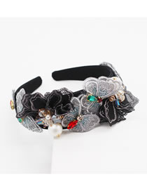 Fashion Black Multi-layer Butterfly Geometric Diamond-set Pearl Wide-brimmed Hair Band