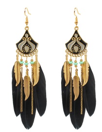 Fashion Black Feather Rice Bead Alloy Dropping Fringe Earrings